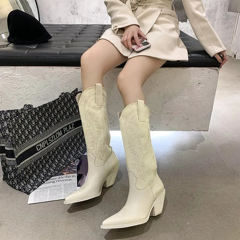 white cowboy boots high thick heel