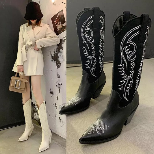 white cowboy boots high thick heel